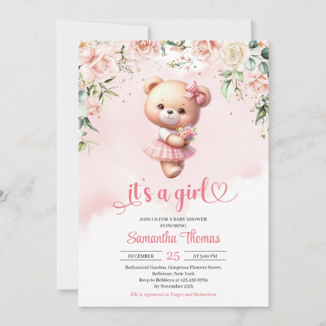 Teddybär mit Herz und Blume Einladung (Vorderseite)
