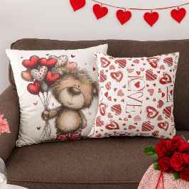 Teddybär mit Herzballons und LOVE-Muster Kissen