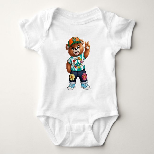 Teddybär mit lässiger friedlicher Ausstattung 1 Baby Strampler (Vorderseite)