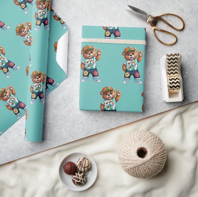 Teddybär mit lässiger friedlicher Ausstattung 1 Geschenkpapier (Kunsthandwerk)