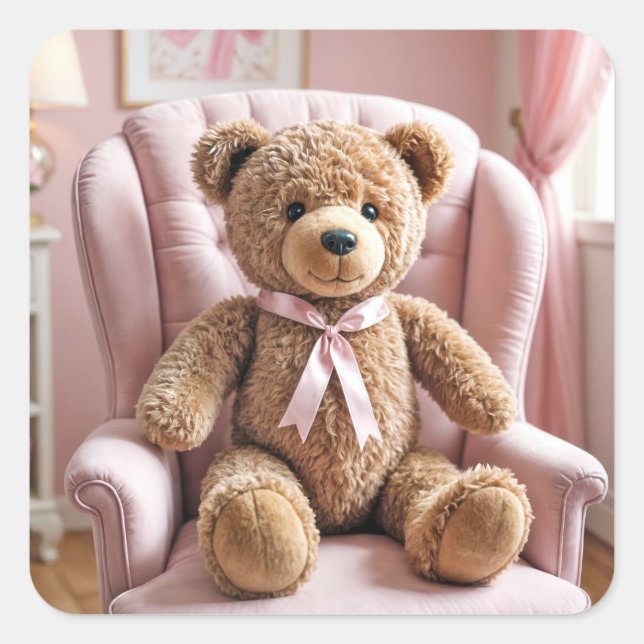 Teddybär mit rosa Bow Quadratischer Aufkleber (Vorderseite)