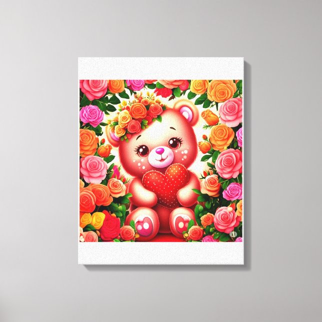 Teddybär mit Rose und Herz Leinwanddruck (Vorderseite)