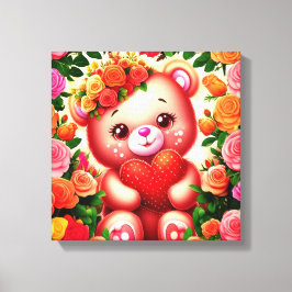 Teddybär mit Rose und Herz Leinwanddruck