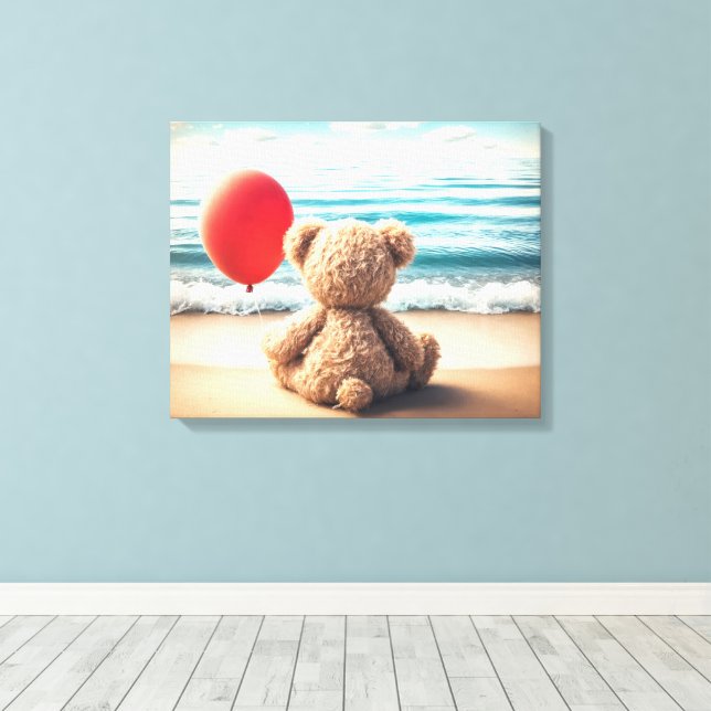 Teddybär mit rotem Luftballon Leinwanddruck (Insitu (Holzboden))