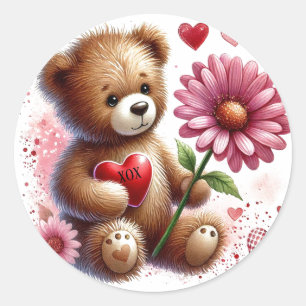 Teddybär mit rotem Valentinsherz Runder Aufkleber