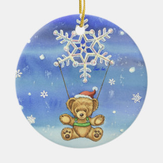 Teddybär mit Schneeflocke-Fallschirm Keramik Ornament