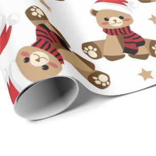 Teddybär mit Weihnachtsmannmütze Muster Feiertag Geschenkpapier