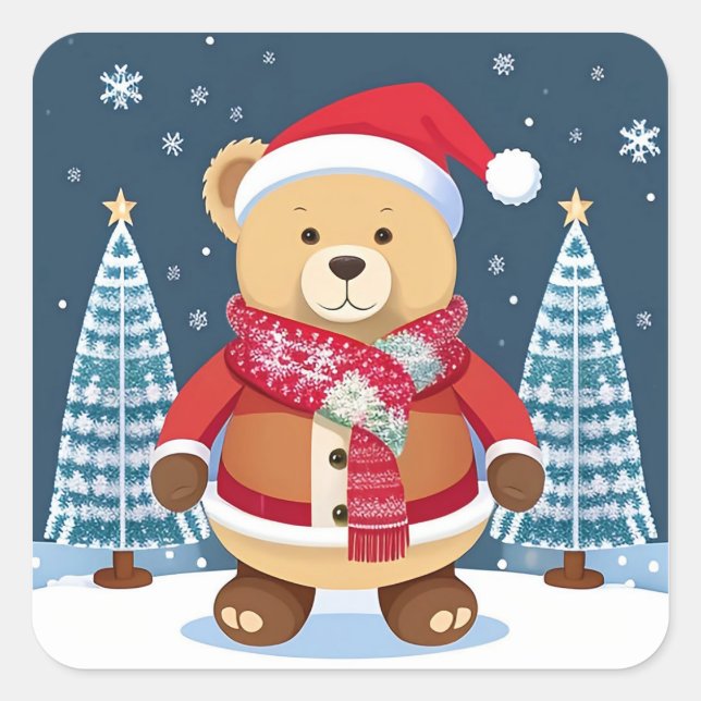 Teddybär mit Weihnachtsmannmütze Quadratischer Aufkleber (Vorderseite)