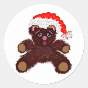 Teddybär mit Weihnachtsmannmütze Runder Aufkleber