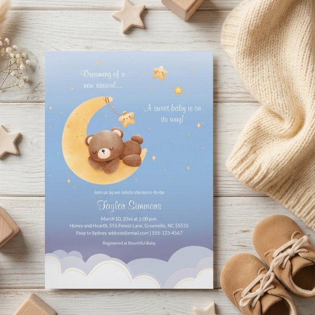 Teddybär Mond Träumend Weiches Blau Baby Shower Einladung (Von Creator hochgeladen)