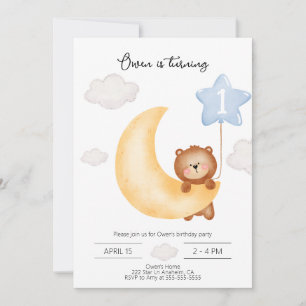Teddybär Mond und Sterne blaue Ballon Geburtstag Einladung
