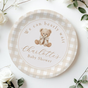 Teddybär Neutral Gingham Babyparty Pappteller