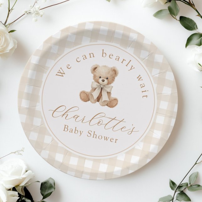 Teddybär Neutral Gingham Babyparty Pappteller (Von Creator hochgeladen)