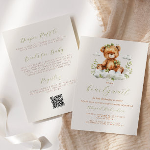 Teddybär Neutrales Grün QR-Code Baby Shower Einladung