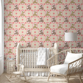 Teddybär-Nursery1 Gingham-Blumenmuster in Rosé & P Tapete