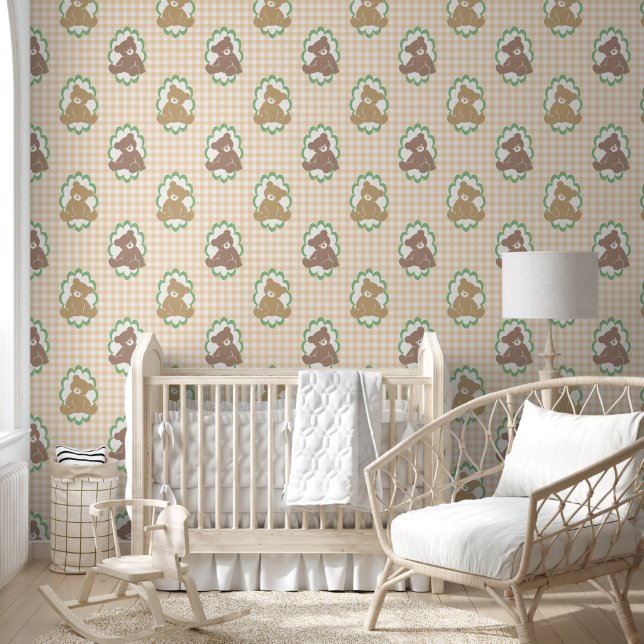 Teddybär-Nursery1 Gingham in Blush & Sage Tapete (Kinder)