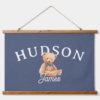 Teddybär-Nursery-Name-Schild Blau Kinderzimmer-Dek Wandteppich Mit Holzrahmen