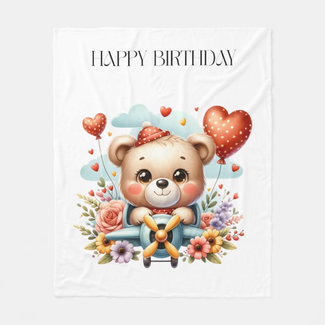 Teddybär-Pilot-Birthday Fleecedecke (Vorderseite)