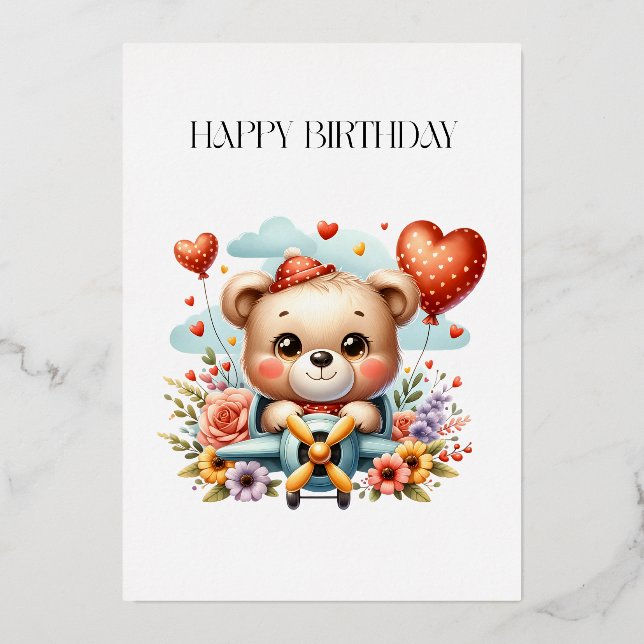 Teddybär-Pilot-Birthday Folieneinladung (Vorderseite)