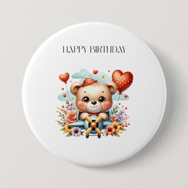 Teddybär-Pilot-Geburtstag Button (Vorderseite)