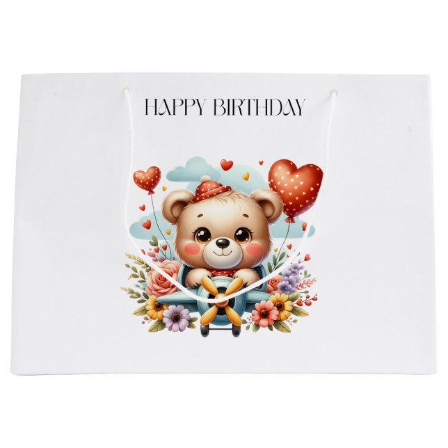 Teddybär-Pilot-Geburtstag Große Geschenktüte (Vorderseite)