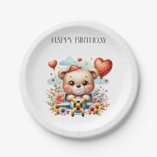 Teddybär-Pilot-Geburtstag Pappteller (Vorderseite)