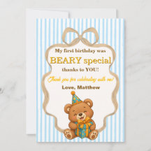 Teddybär Prinz 1. Geburtstag Danke Karte Junge 