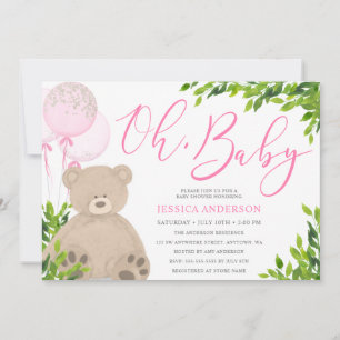 Teddybär Rosa Ballon Grünzeug Mädchen Baby Shower Einladung