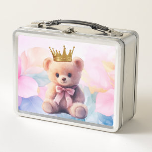 Teddybär Rosa Band Goldkrone Metall Brotdose