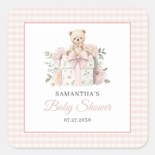 Teddybär Rosa Gingham Blumen Mädchen Baby-Party Quadratischer Aufkleber