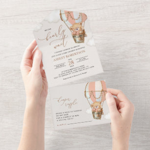 Teddybär, rosa Heißluftballon, Babyparty All In One Einladung