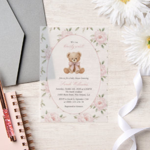 Teddybär, rosa Schleife, rosa Blumen, Babyparty