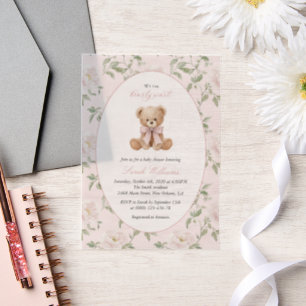 Teddybär, rosa Schleife, rosa Blumen, Babyparty