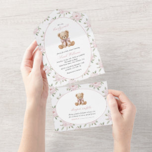 Teddybär, rosa Schleife, rosa Blumen, Babyparty All In One Einladung