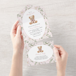 Teddybär, rosa Schleife, rosa Blumen, Babyparty All In One Einladung