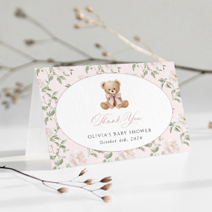 Teddybär, rosa Schleife, rosa Blumen, Babyparty Dankeskarte