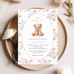 Teddybär, rosa Schleife, rosa Blumen, Babyparty Einladung