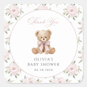Teddybär, rosa Schleife, rosa Blumen, Babyparty Quadratischer Aufkleber