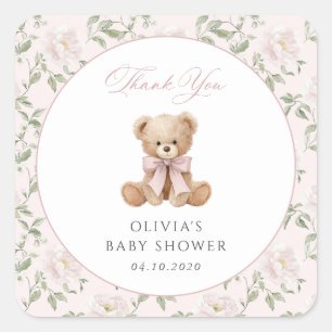 Teddybär, rosa Schleife, rosa Blumen, Babyparty Quadratischer Aufkleber