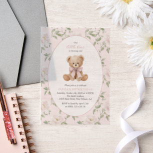 Teddybär, rosa Schleife, rosa Blumen, erster Gebur