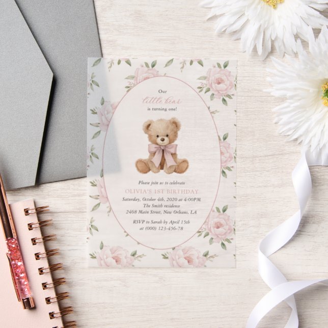 Teddybär, rosa Schleife, rosa Blumen, erster Gebur (Hochzeit)