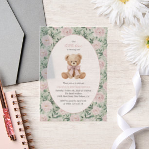 Teddybär, rosa Schleife, rosa Blumen, erster Gebur