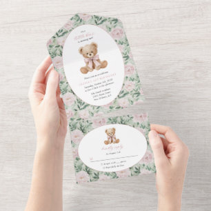 Teddybär, rosa Schleife, rosa Blumen, erster Gebur All In One Einladung