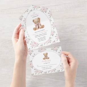 Teddybär, rosa Schleife, rosa Blumen, erster Gebur All In One Einladung