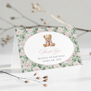 Teddybär, rosa Schleife, rosa Blumen, erster Gebur Dankeskarte