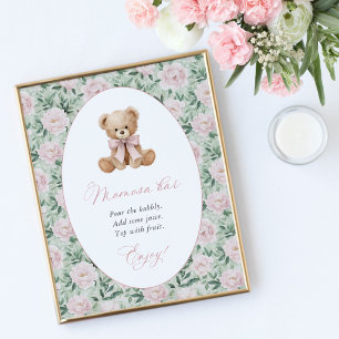 Teddybär, rosa Schleife, rosa Blumen, Momosa Bar Poster