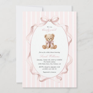 Teddybär, rosa Schleife, rosa Punkte, Babyparty Einladung
