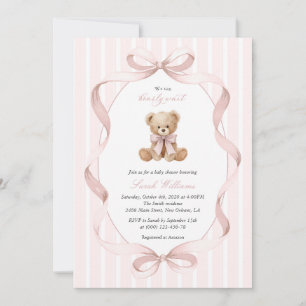 Teddybär, rosa Schleife, rosa Punkte, Babyparty Einladung