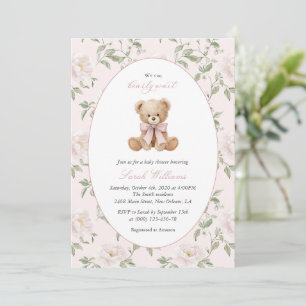 Teddybär, rosa Schleife, rosa Punkte, Babyparty Einladung
