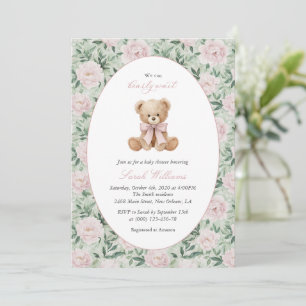 Teddybär, rosa Schleife, rosa Punkte, Babyparty Einladung